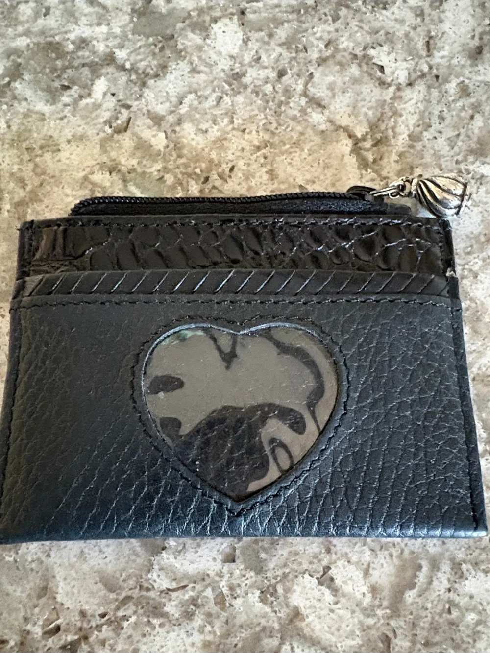 Brighton Black Heart Window Mini Card Wallet with Zip